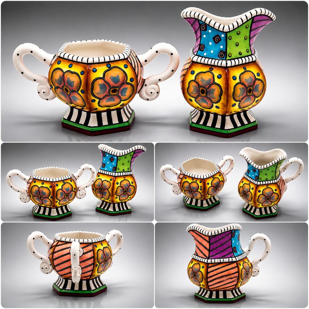 Mackenzie-Childs Style Creamer & Sugar Bowl Set Hand Painted Ceramic Floral